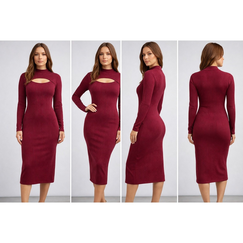 Women's Ribbed Bodycon Midi Dress Cutout Chest Long Sleeve Burgundy Small